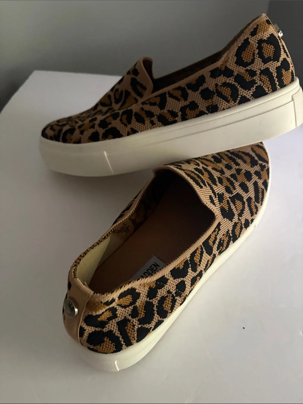 Steve Madden Leopard Knit Slip-On Sneakers in Tan and Black